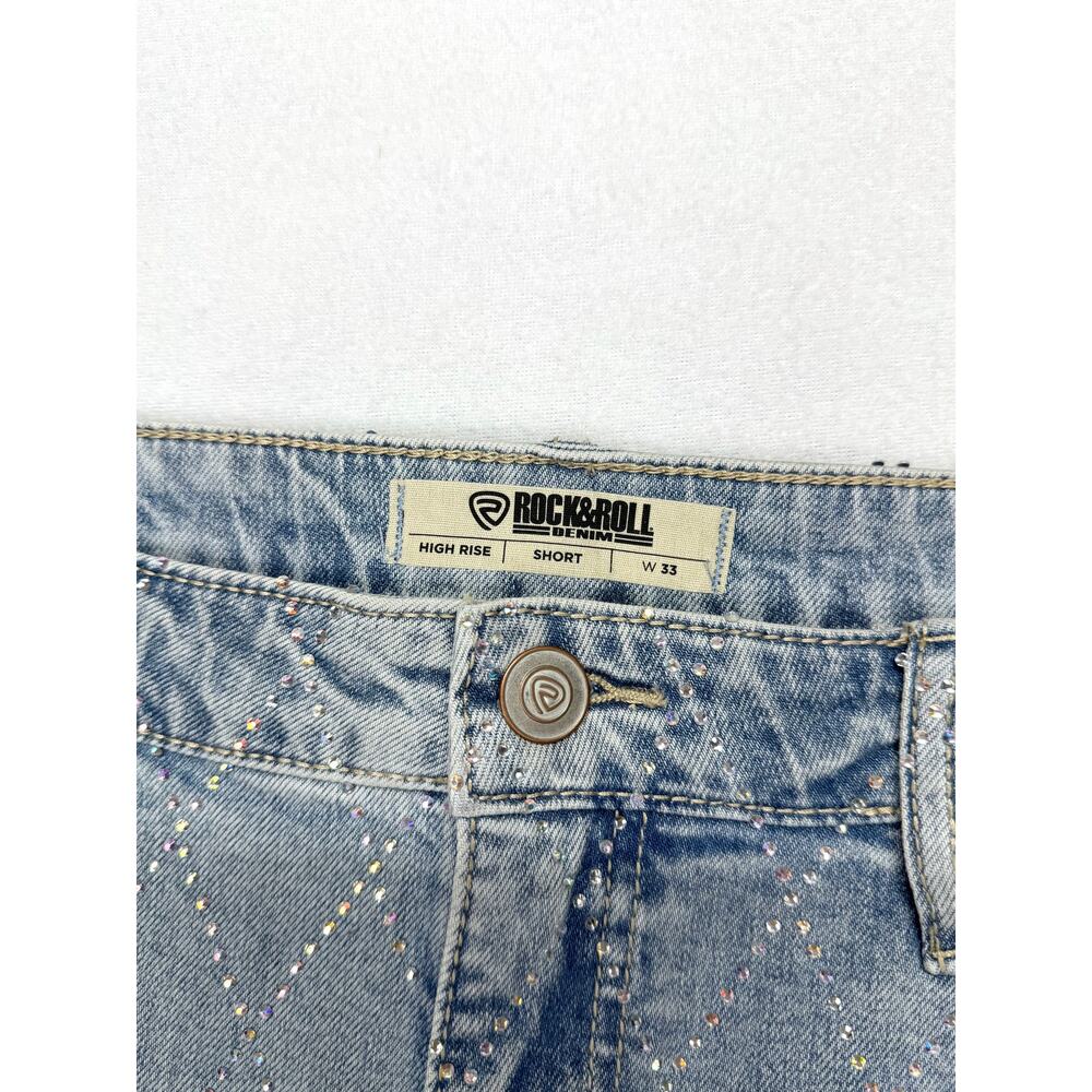 Rock & Roll Denim Diamond Stud Shorts Size 33 Raw Hem Stretch High Rise Sparkle - Picture 2 of 6